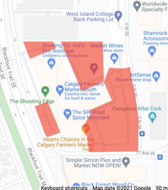 A screenshot of the CFM location on Google Maps with red shading over parking areas